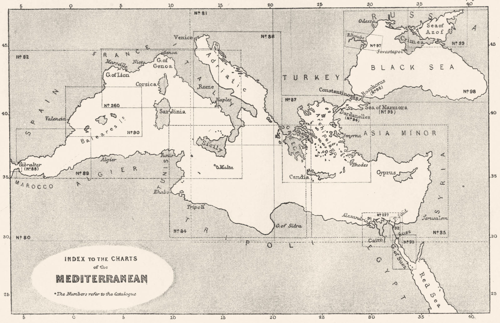 EUROPE. Index to the Charts of the Mediterranean 1881 old antique map